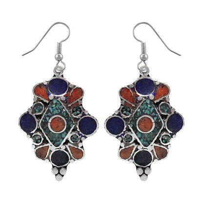 Ethnic Tribal Gypsy Drop Earrings for Women Compressed Coral, Turquoise and Lapi