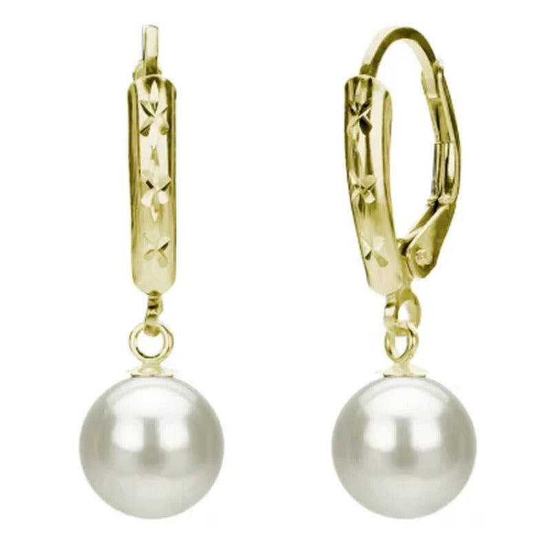 7-8Mm Freshwater Pearl Diamond Cut Leveback Earrings in 14K Yellow Gold