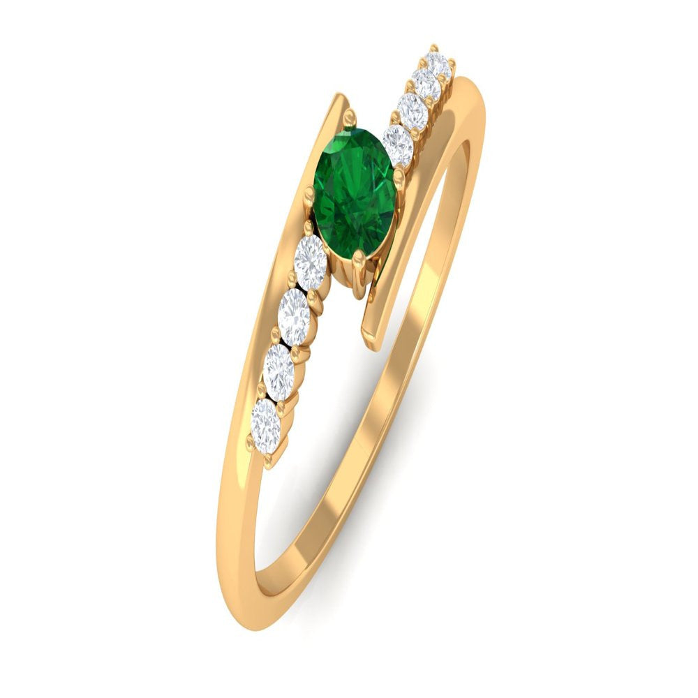 0.25 CT Emerald Promise Ring with Diamond Stone, Real Emerald Minimal Bypass Rin