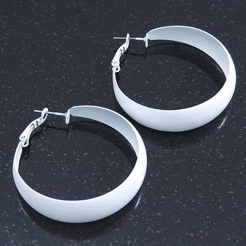 Wide Medium White Enamel Hoop Earrings - 40Mm Diameter