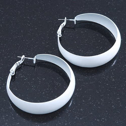 Wide Medium White Enamel Hoop Earrings - 40Mm Diameter