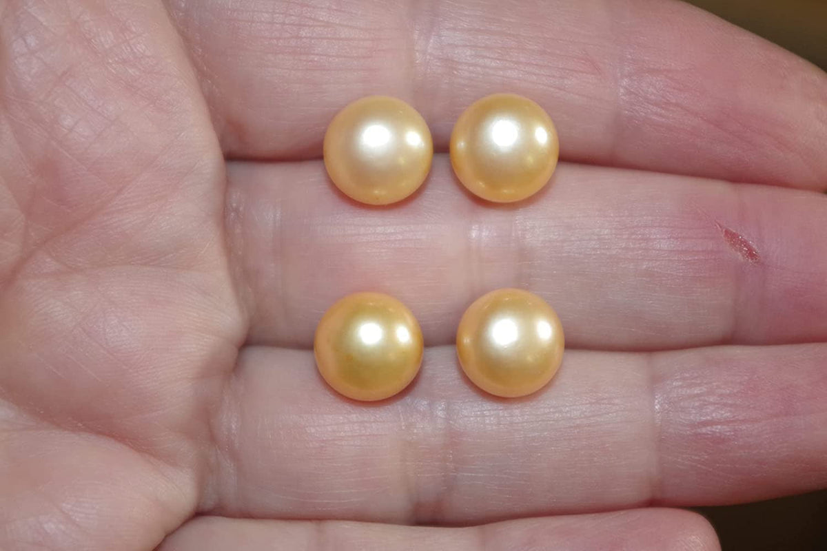 Quality Golden Champagne Pearl Semi round Dome Button 10 MM Stud Earrings 14K Go