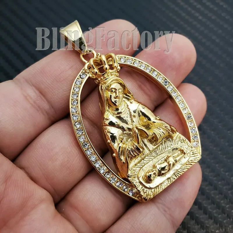 Stainless Steel Iced Lab Diamond Gold Plated Mother Mary Pendant