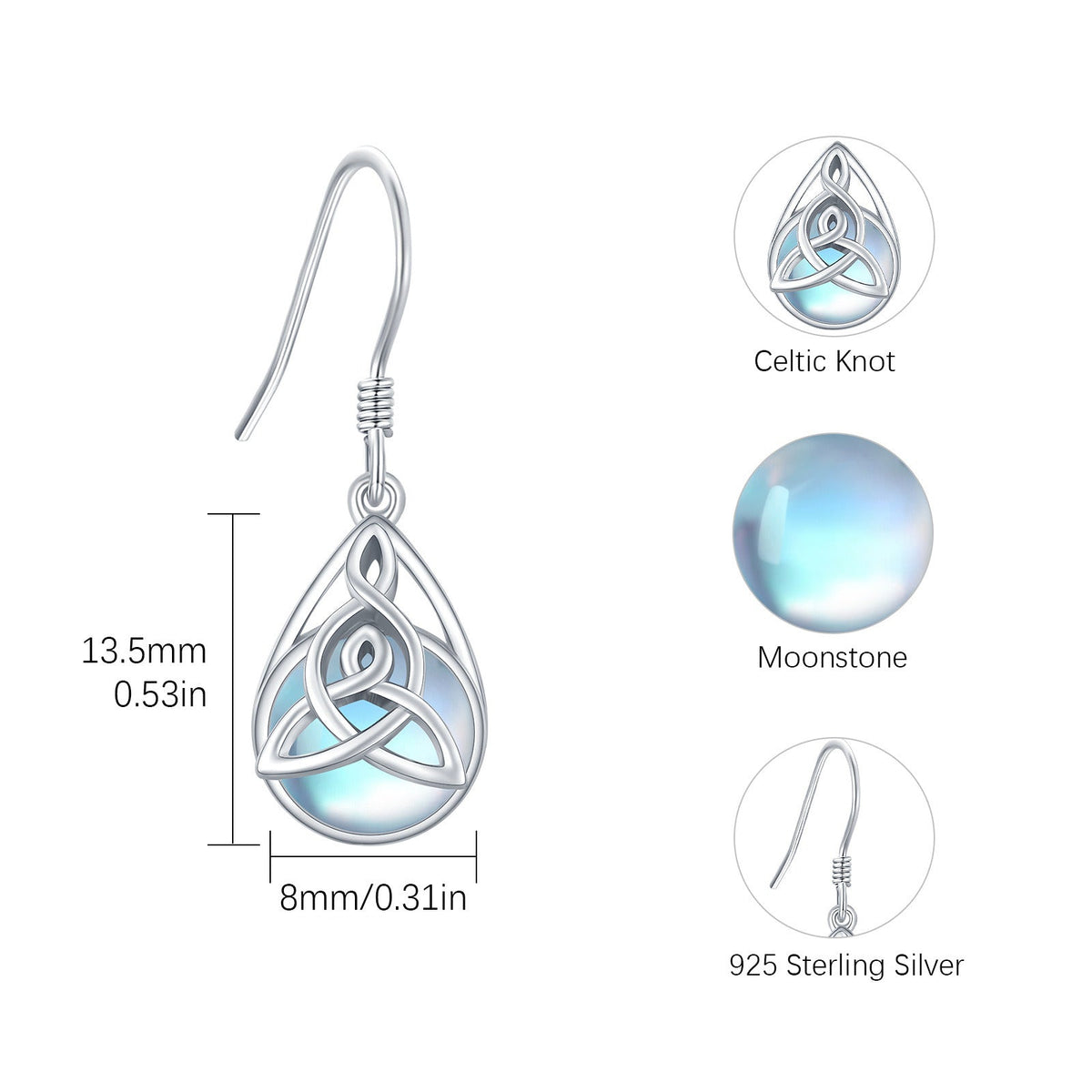 Celtic Moonstone Earrings 925 Sterling Silver Celtic Knot Moonstone Dangle Earri