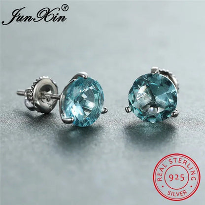 8MM 925 Silver/14K Gold/Rose Gold round Cut Light Aqua Blue Aquamarine Stud Earr