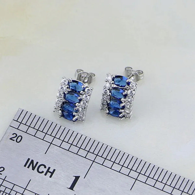 Blue Sapphire White Topaz 925 Silver Jewelry Sets for Women Earrings Pendant Nec