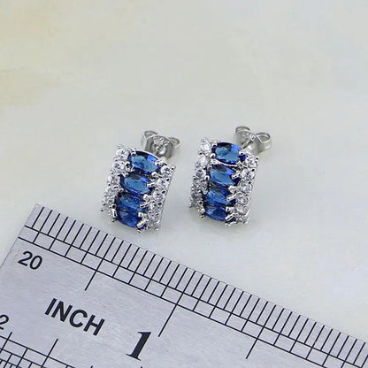 Blue Sapphire White Topaz 925 Silver Jewelry Sets for Women Earrings Pendant Nec