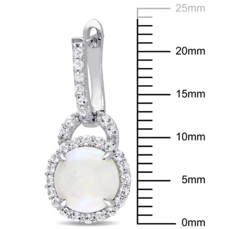 Opal and White Topaz Hinged Hoop Halo Earrings in Sterling Silver
