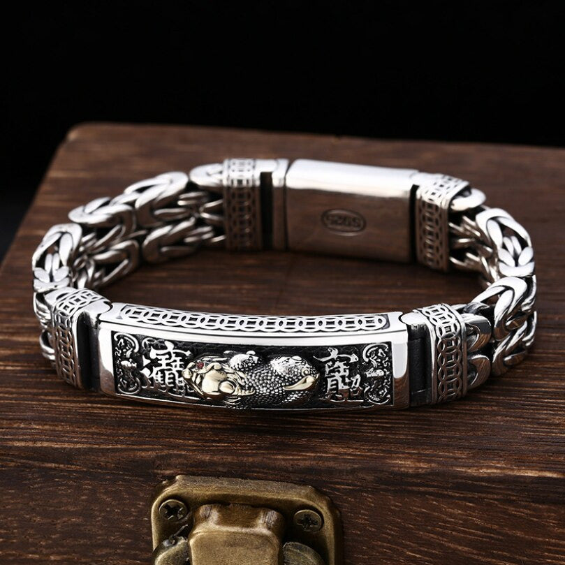 Real Silver Retro Thick Personalized Lucky Pixiu Bracelet Men Man Thai Silver