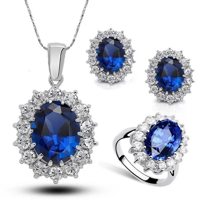 Fashion Natural 925 Silver Sapphire Ring Earring Necklace Set Ladies High-End Cr