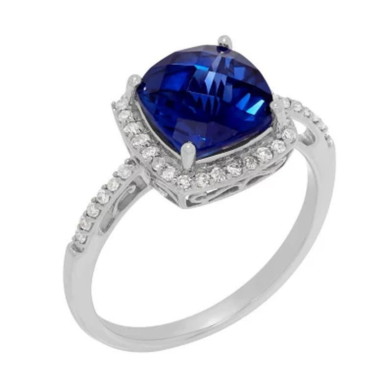 Created Sapphire Ring with Diamond Accent in 14K White Gold