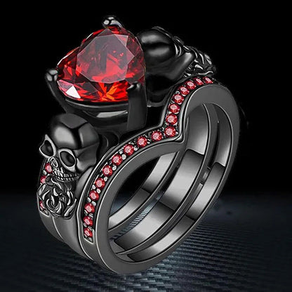 Gothic Skull Black Rings Set Women Rose Flower Red Purple Heart Love Zircon Crys