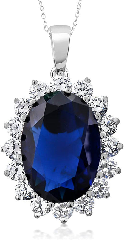 925 Sterling Silver Blue Simulated Sapphire Pendant Necklace for Women (13.00 Ct