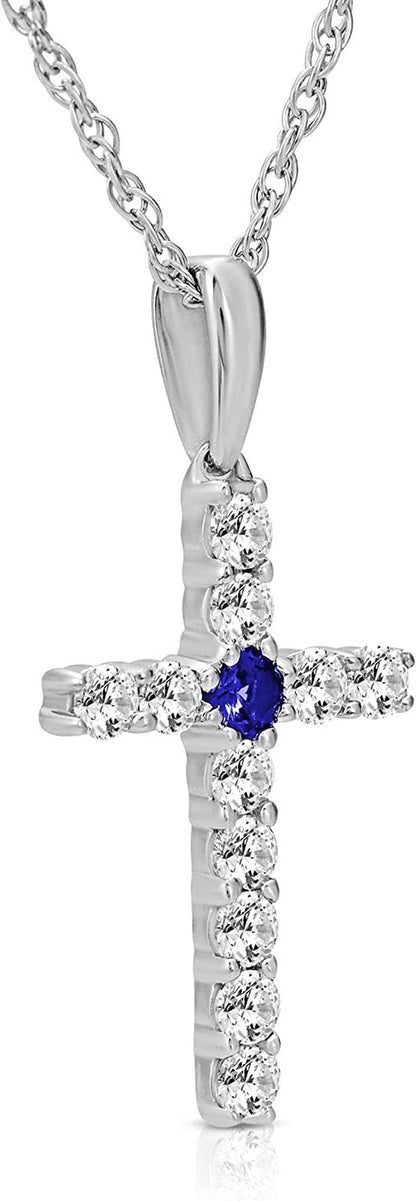 Sterling Silver Diamond and Gemstone Cross Pendant Necklace (1/4 Cttw, I-J Color