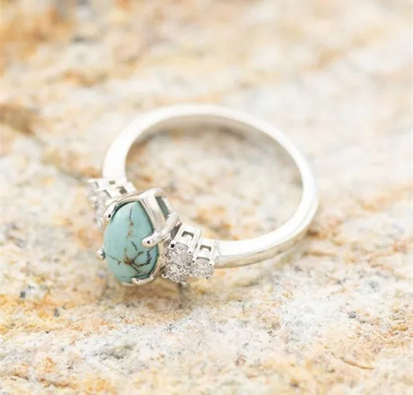 New Three-Piece Set of Oil Drop Diamond Turquoise Ring