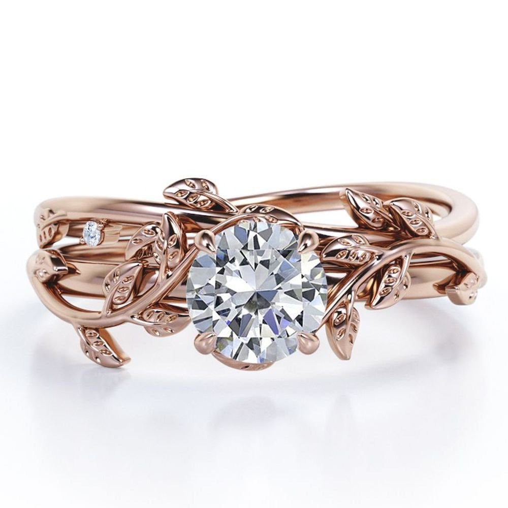 Half Carat round Real Diamond Bridal Set - Leaf and Vine Diamond Wedding Ring Se