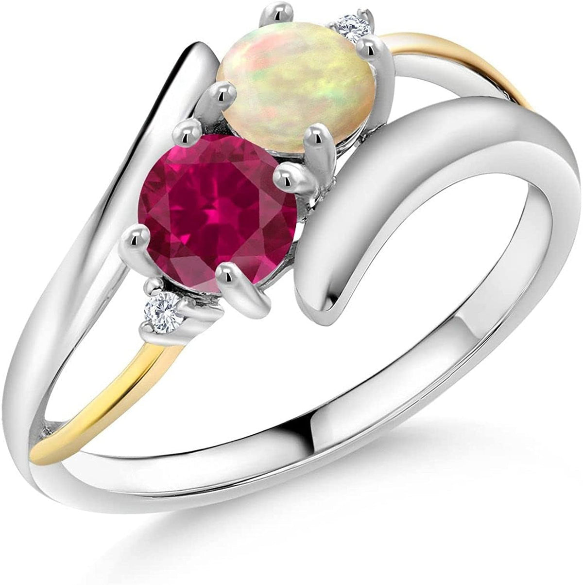 925 Sterling Silver and 10K Yellow Gold round Cabochon White Ethiopian Opal Red