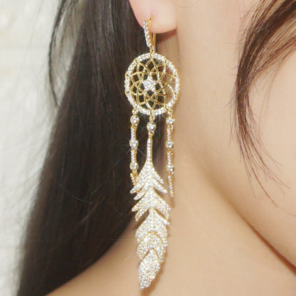 Sterling Silver Earrings Set with Diamonds to Catch Dream Net Feathers