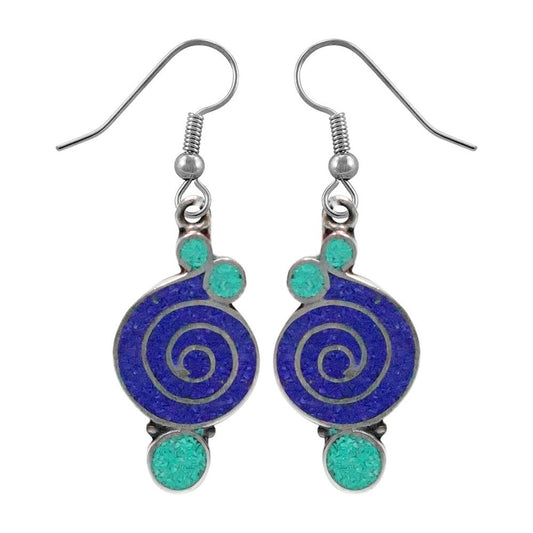 Beautiful Handmade Compressed Blue Lapis Lazuli & Coral Gemstone Inlay Drop Earr