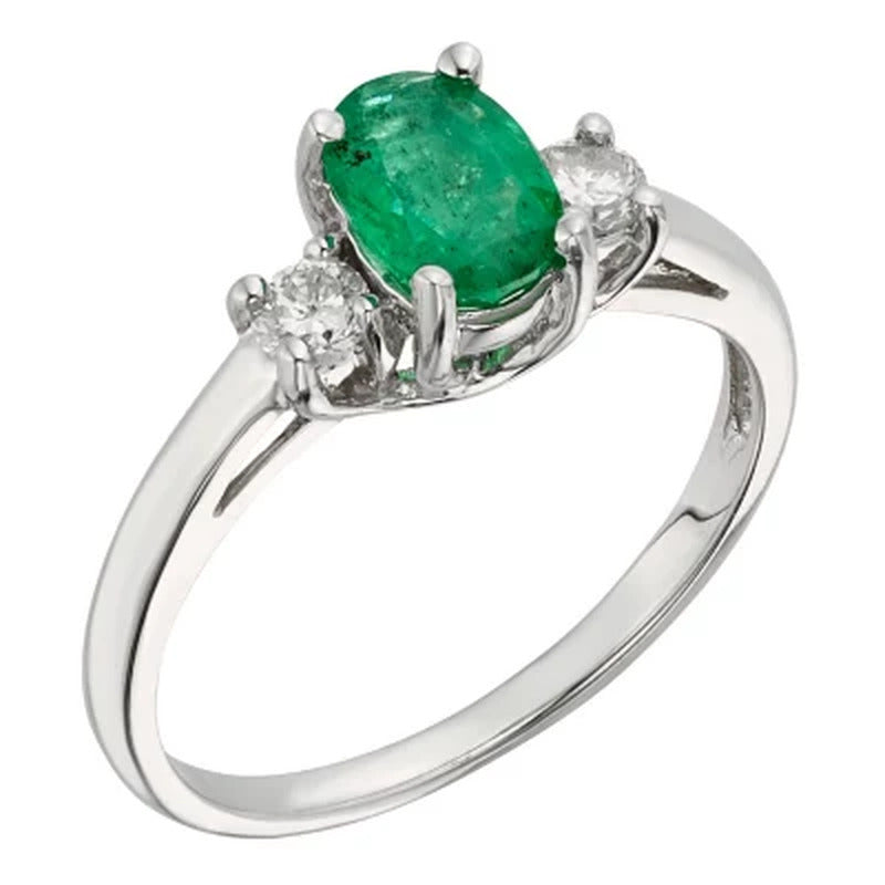 Three Stone Oval Emerald Ring with 0.20CT. T.W. Diamond Set in 14K Gold
