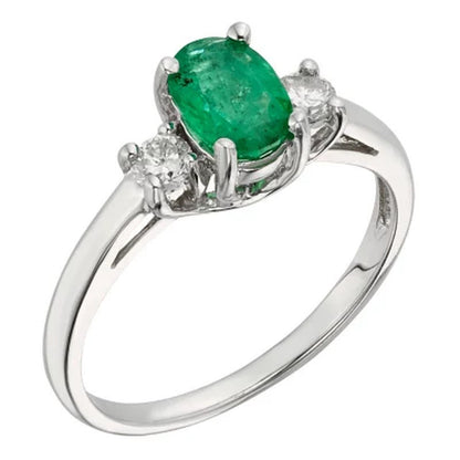 Three Stone Oval Emerald Ring with 0.20CT. T.W. Diamond Set in 14K Gold