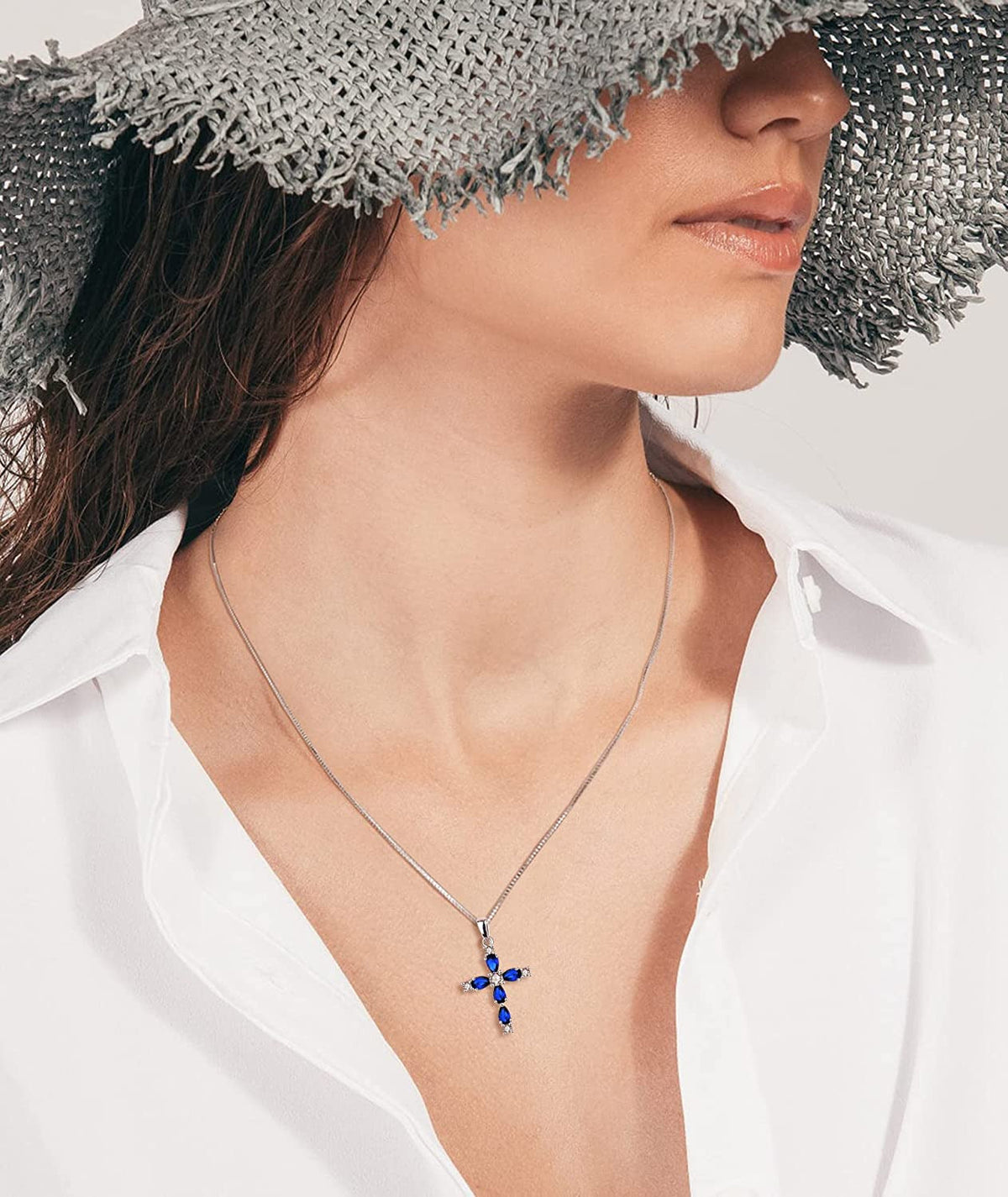 YL Gemstone Cross Necklace 925 Sterling Silver Created Sapphire/Ruby/Emerald/Ame