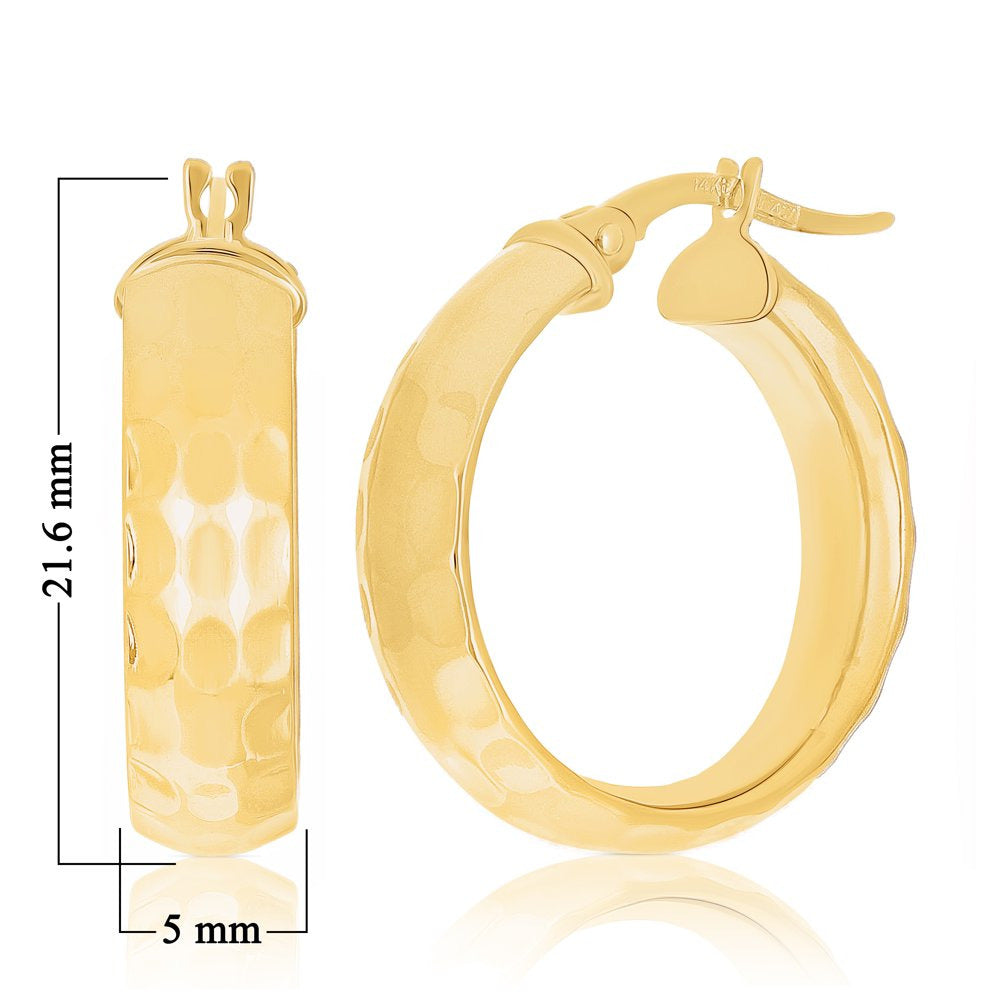 Italian 14K Yellow Gold Polished Hammered Rounded Flat Medium Hoop Earrings