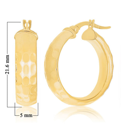 Italian 14K Yellow Gold Polished Hammered Rounded Flat Medium Hoop Earrings