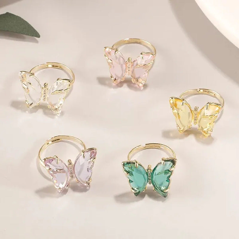 Shiny Accessories Elegant Colorful Transparent Glass Butterfly Ring for Women Si