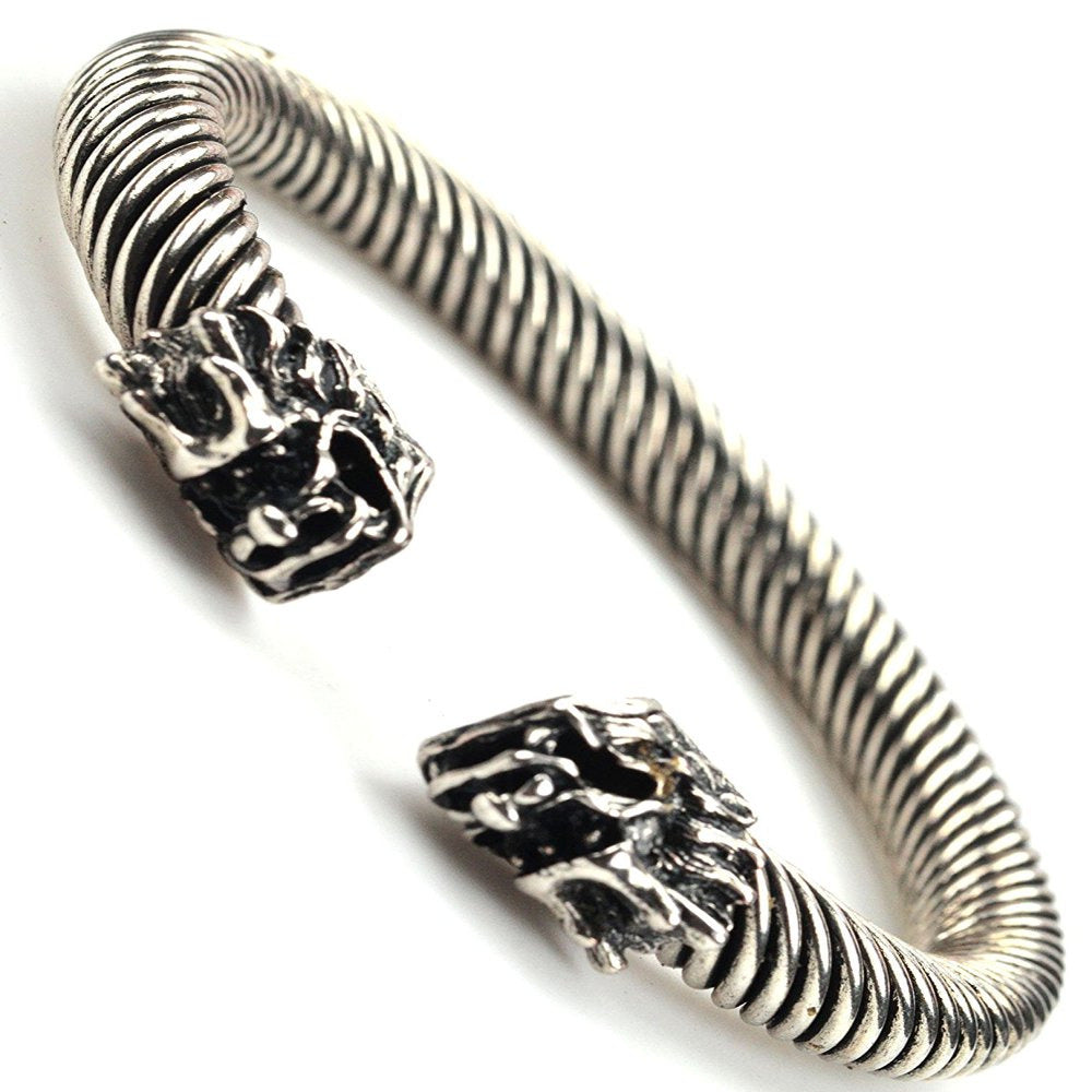 Men Women Fashion Jewelry Silvertone Double Two Dragon Head Bangle Bracelet - BC
