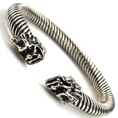 Men Women Fashion Jewelry Silvertone Double Two Dragon Head Bangle Bracelet - BC