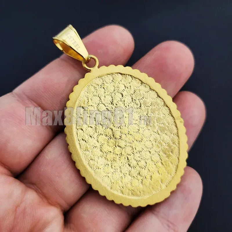 Stainless Steel Simulated Diamond Icy Gold Plated Mother of Mary Oval Pendant