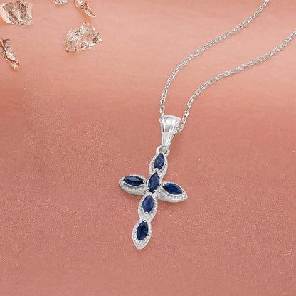 0.80 Ct. T.W. Sapphire Cross Pendant Necklace in Sterling Silver. 18 Inches