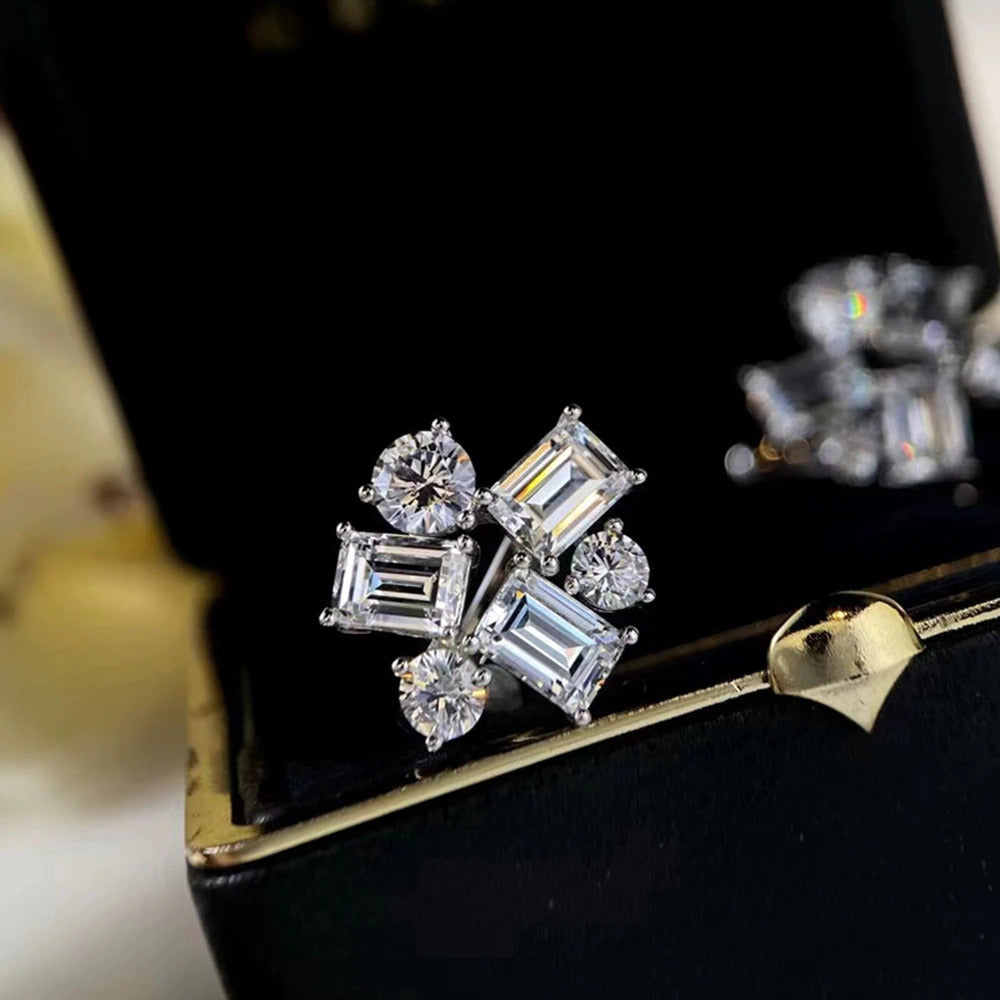 Luxury 925 Sterling Silver Emerald Cut Created Moissanite Gemstone Studs Earring