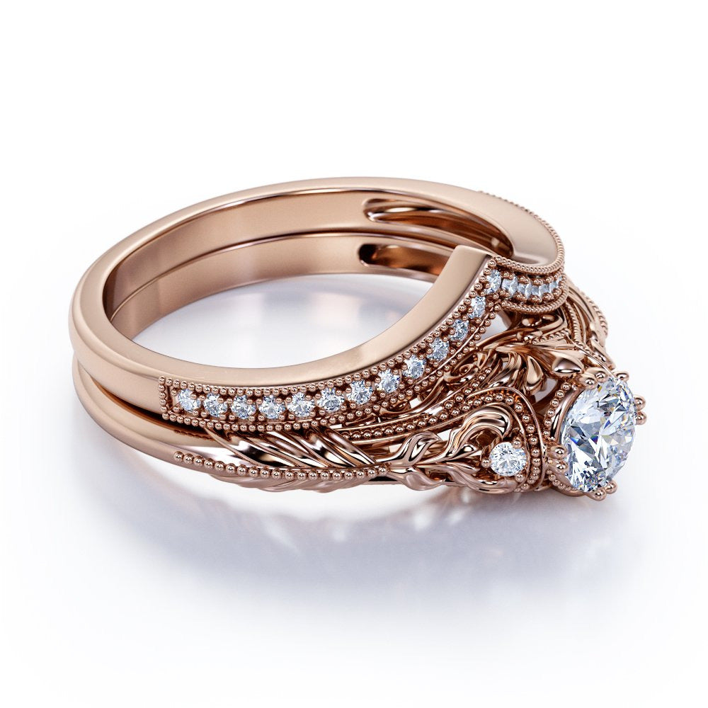 Engraved .68 Carat round Cut Real Diamond Victorian-Inspired Wedding Ring Set wi