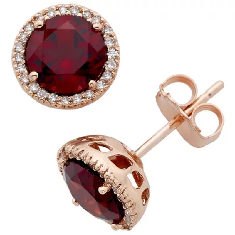 2.0 CT. T.W. Garnet and 0.13 CT. T.W. Diamond Earrings in 14K Rose Gold