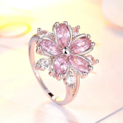 New Elegant Fashion Cherry Blossom Princess Engagement Ring Bridal Romantic Cher