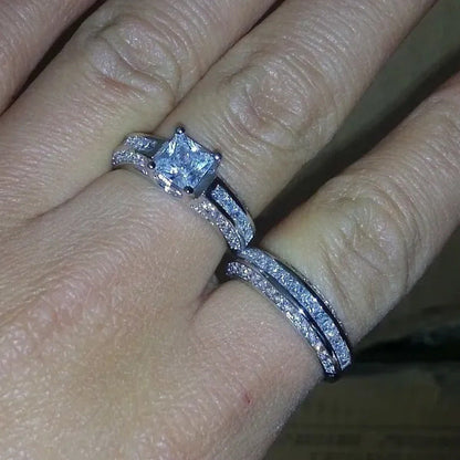 2Pcs Set Princess 925 Sterling Silver White Sapphire & Diamond Wedding Ring