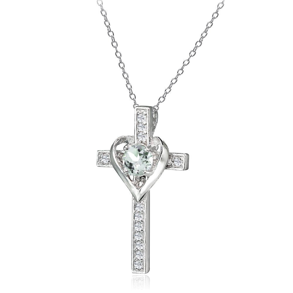 Sterling Silver Light Aquamarine and White Topaz Heart Cross Birthstone Pendant