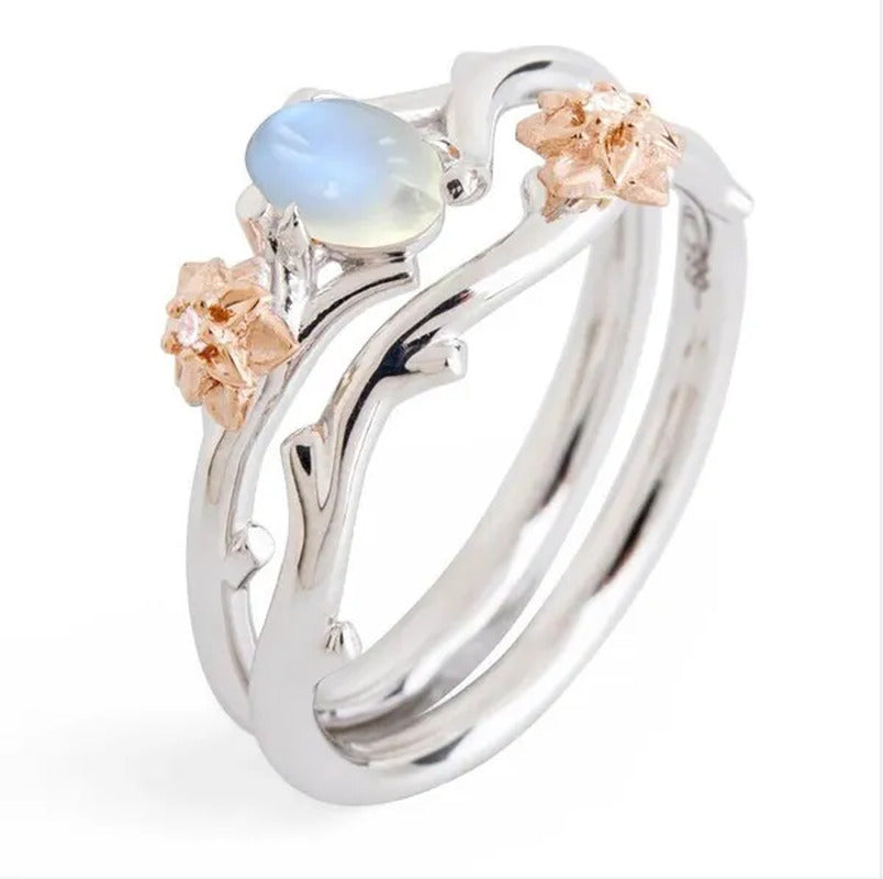 Delicate Women'S Fashion Two Tone Twig and Rose Gold Flowers Moonstone Ring Set