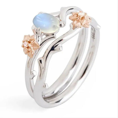 Delicate Women'S Fashion Two Tone Twig and Rose Gold Flowers Moonstone Ring Set