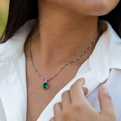 Created Emerald with Genuine Diamond Pendant for Women 14K White Gold, Elegant T