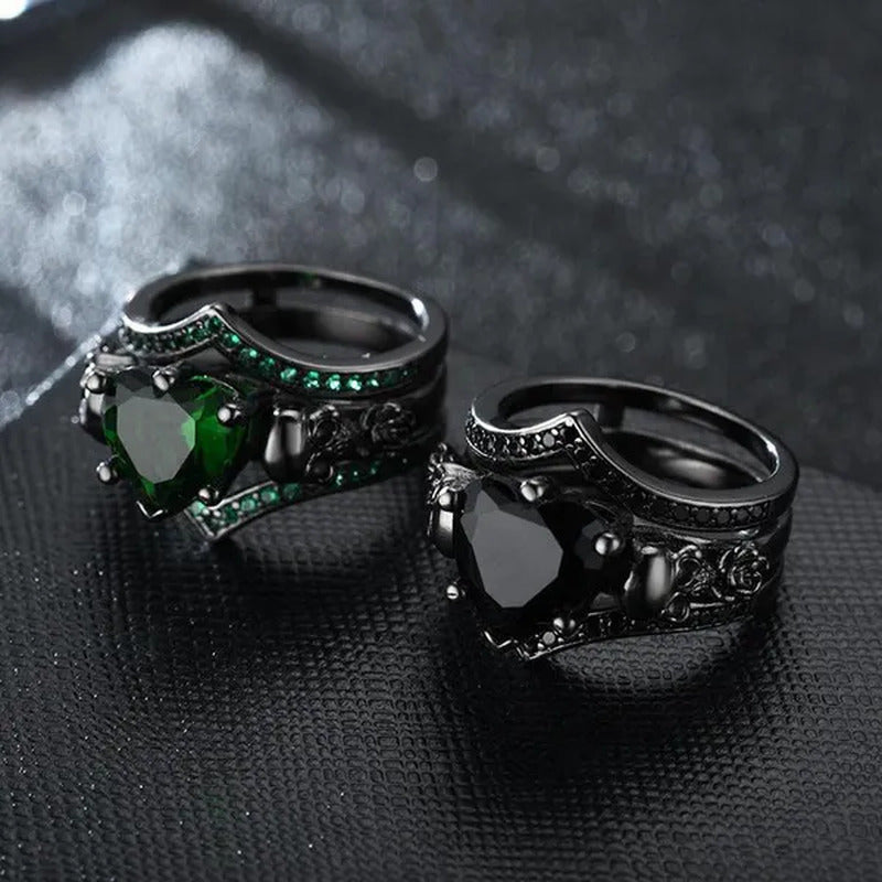 Gothic Skull Finger Black Female Wedding Rings Set for Women Girl Red Heart Crys