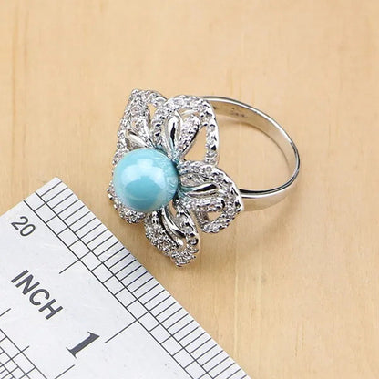 Flower 925 Silver Jewelry Set Blue Pearl with Beads Pendant Drop Ears Rings Neck