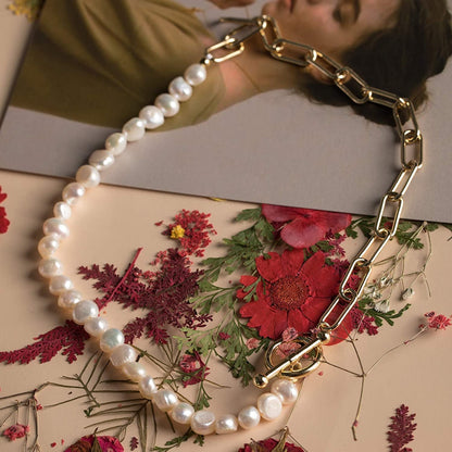 Paper Clip Pearl Necklace Vintage Chunky Link Chain Baroque Cultured Pearls 18K