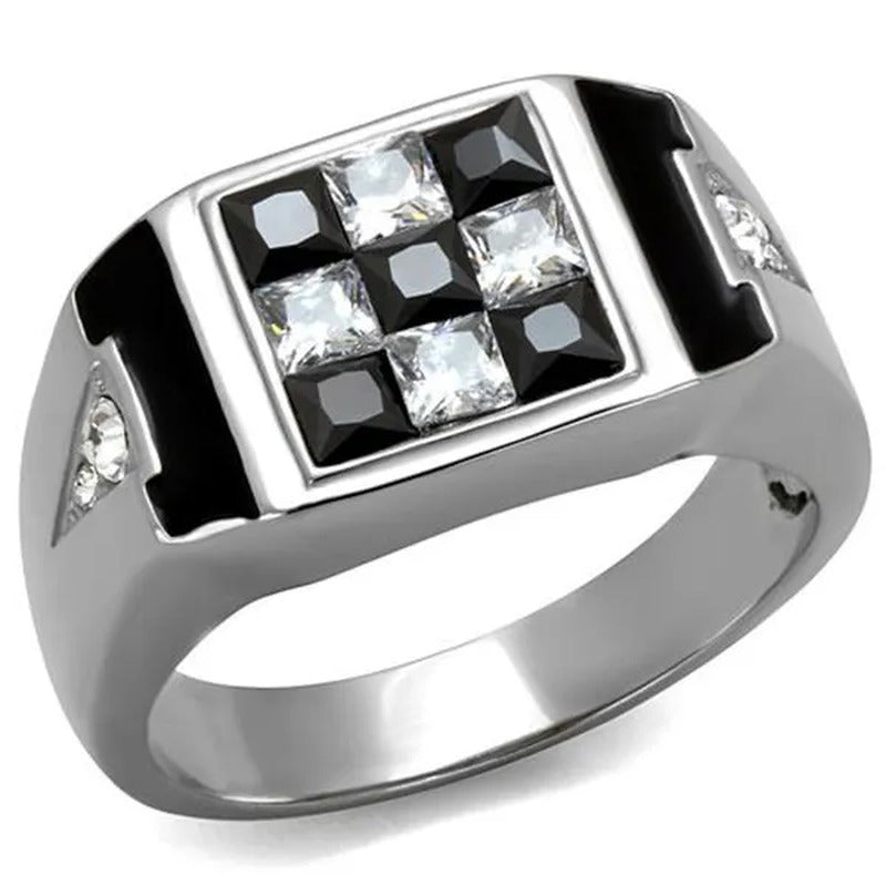 Men'S 2.56 Ct Clear & Black Princess Cut CZ Stainless Steel Fashion Ring Size 8-