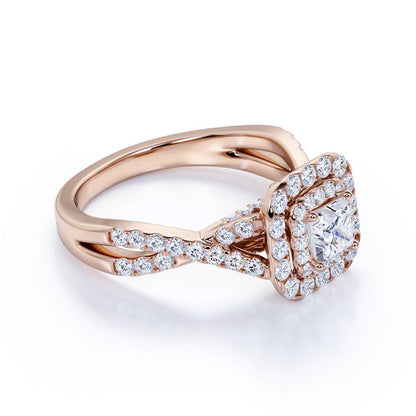 Elegant 1 Carat - Square Cut Diamond - Twisted Band - Pave - Double Halo Engagem