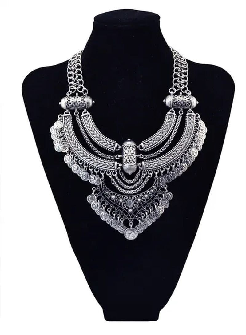 Vintage Silver Gold Chains Fine Jewelry Coins Tassel Choker Necklace Women Big F