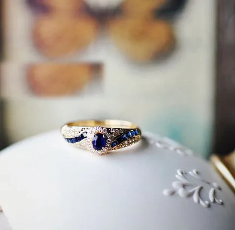 Noble Luxury Woman Fashion Gold Jewelry Natural Blue Sapphire Diamond Ring Anniv