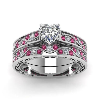 Cocktail Ring Heart CZ Ruby 10KT White Gold Filled Women'S Wedding Ring Sets Sz6